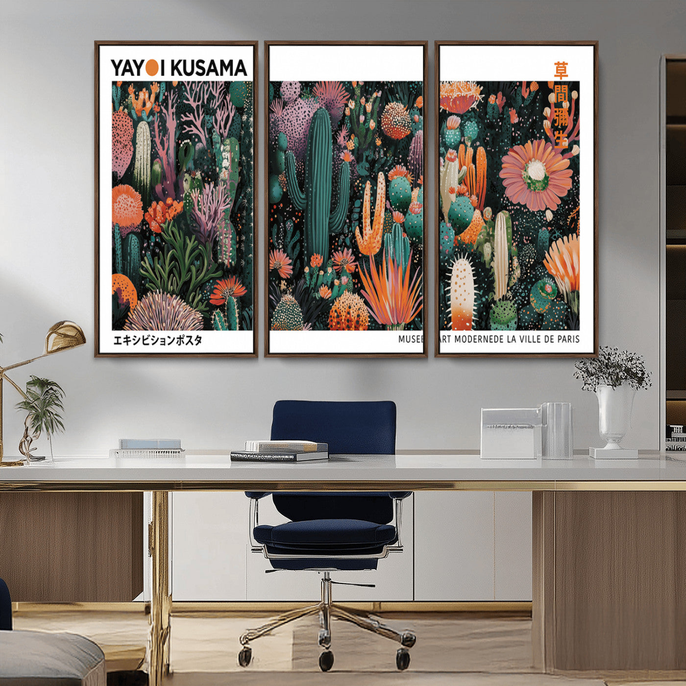 MGV-FC-48X32-3P - Modern Japanese Wall Art Print, Yayoi Kusama Print Wall Decor, Abstract Mount Fuji Canvas Print,