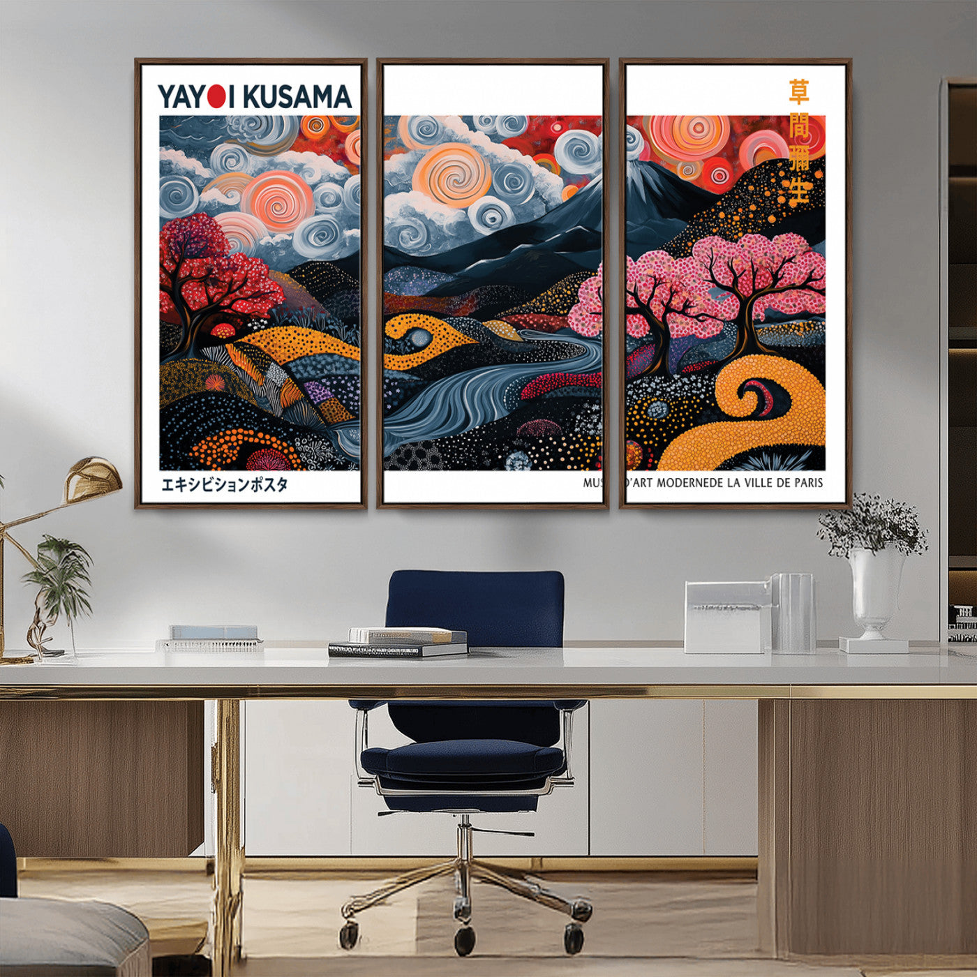 MGV-FC-48X32-3P - Modern Japanese Wall Art Print Yayoi Kusama Canvas Wall Art Abstract Mount Fuji Canvas Print