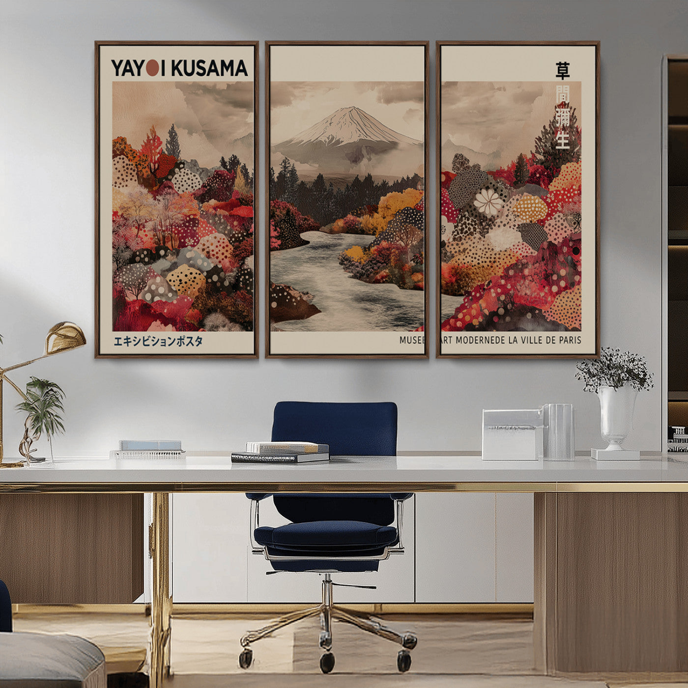 MGV-FC-48X32-3P - Modern Japanese Wall Art Print Yayoi Kusama Canvas Wall Art Abstract Mount Fuji Canvas Print