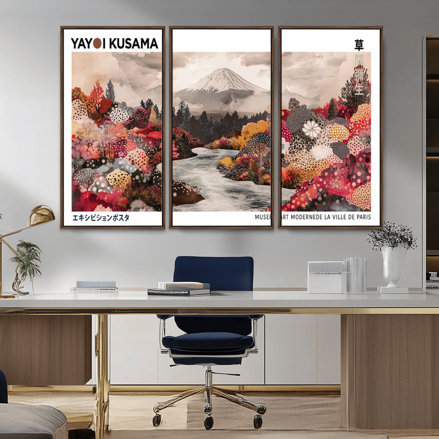 MGV-FC-48X32-3P - Modern Japanese Wall Art Print, Yayoi Kusama Canvas Wall Art, Abstract Mount Fuji Art Canvas Print,