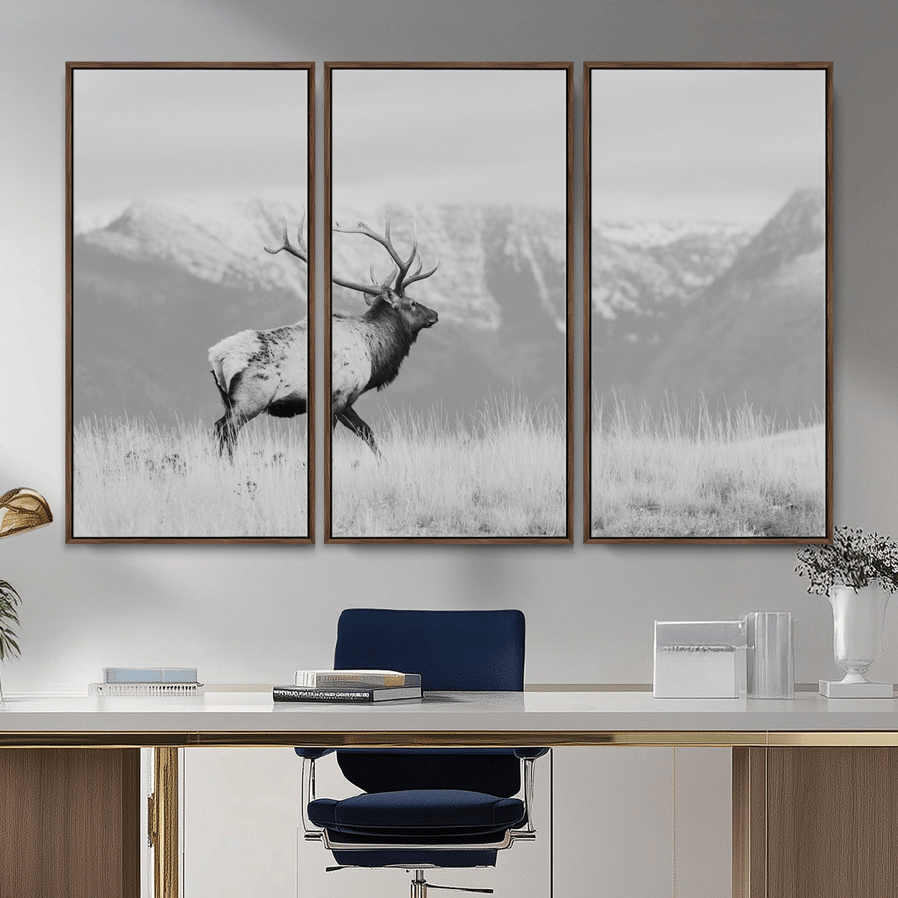 36150391-MGV-FC-48X32-3P - Wall Art Canvas Print – Majestic Elk Black & White Wilderness, Scenic Mountain and Grassland Landscape, Wildlife Nature Decor for Home or Office