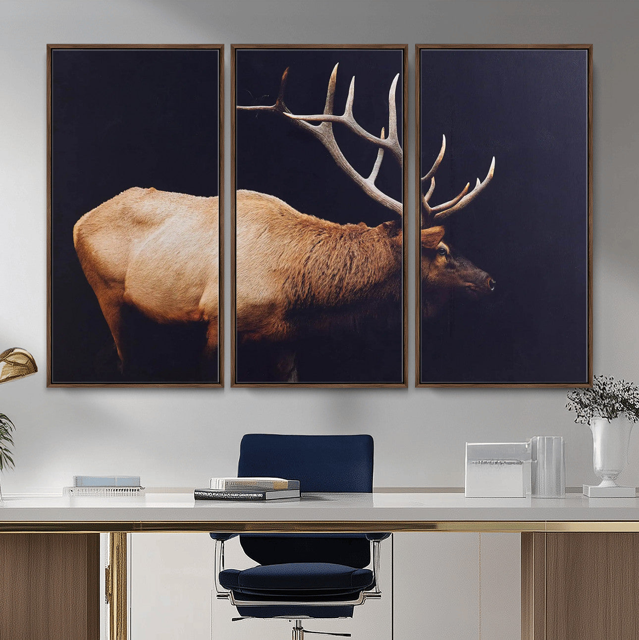 89239257-MGV-FC-48X32-3P - Rustic Elk Wall Art Canvas Print – Framed Moody Wildlife Art Picture Western Animal Artwork for Home, Office