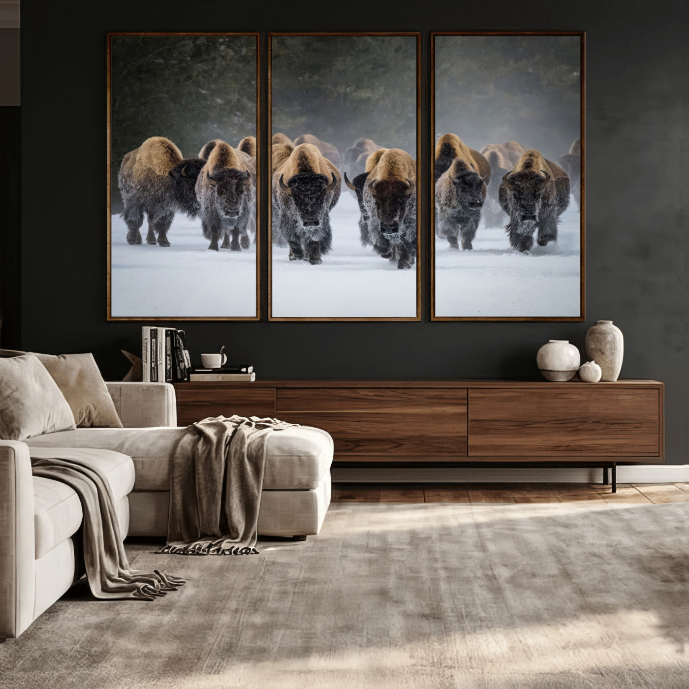 41669135-MGV-CV-36X24 - Winter Bison Herd Wall Art – Majestic Buffalo Charge Canvas Print with Snow Covered Plains, Rustic Wildlife Strength and Untamed Nature Decor for Home and Office