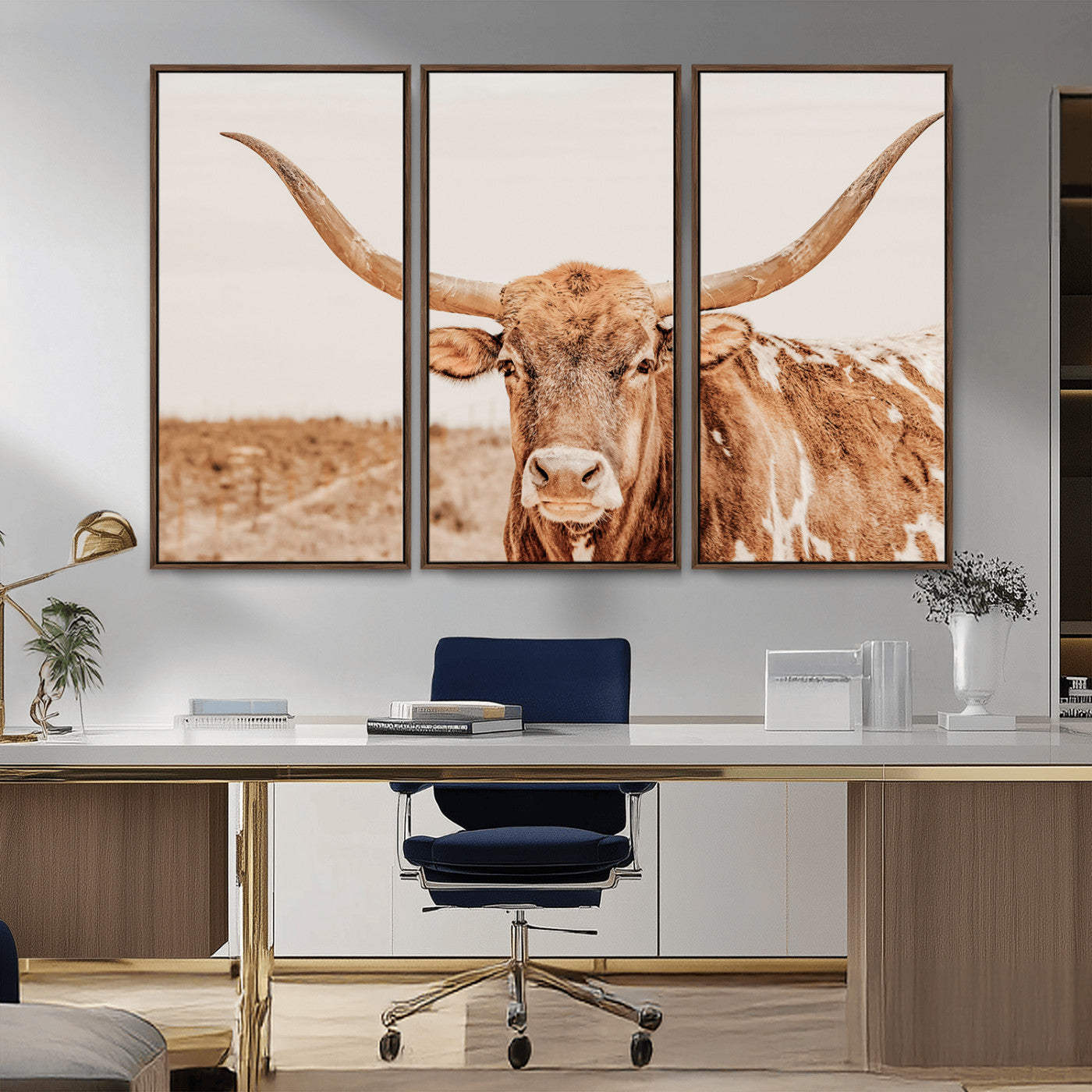 MGV-FC-48X32-3P - Longhorn Bull Wall Art Canvas Print, Framed Western Cow Art Picture Print, Rustic Farmhouse Perfect Neutral Farmhouse Decor Artwork