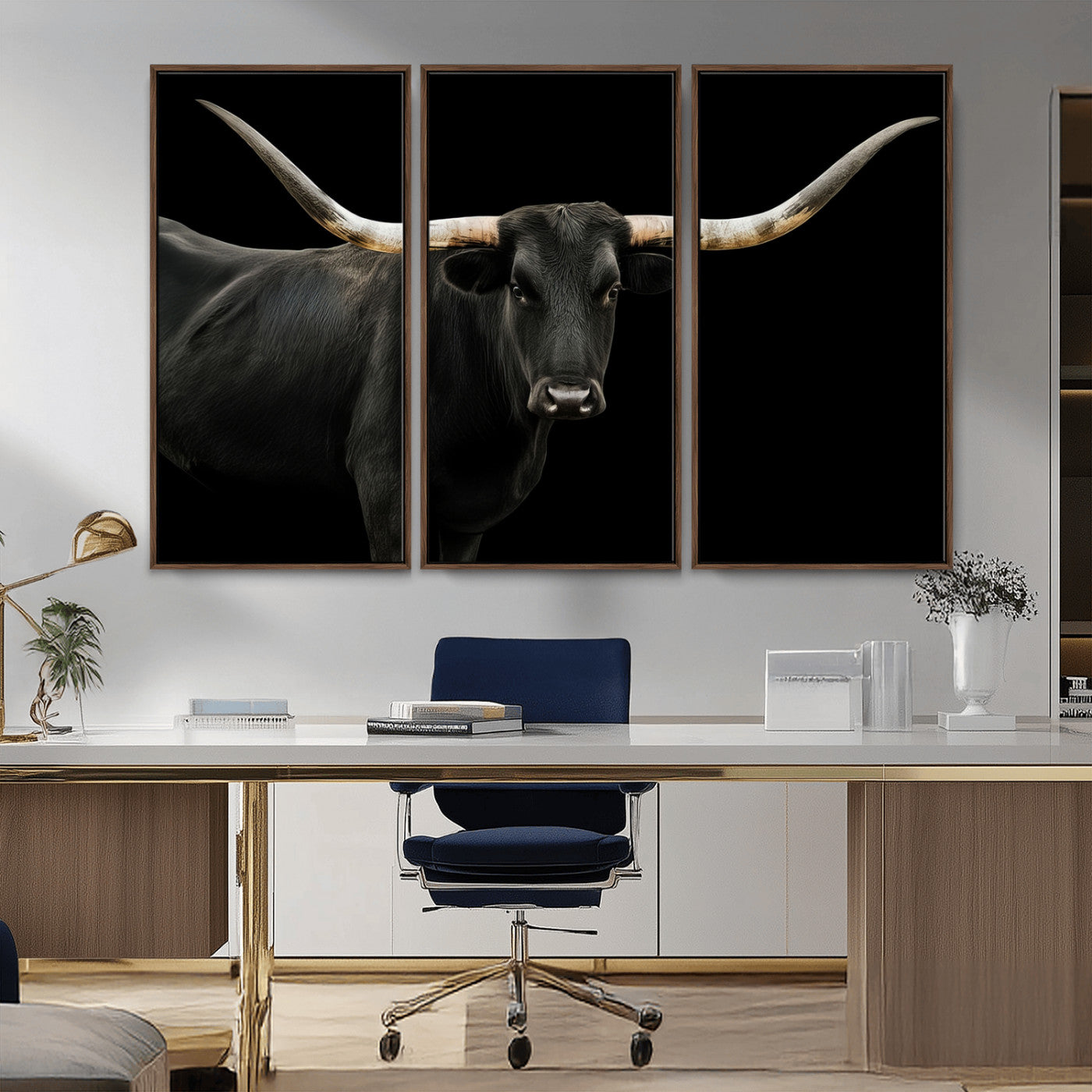 MGV-FC-48X32-3P - Texas Longhorn Wall Art Canvas Print, Framed Rustic Western Art Picture Print, Farmhouse Animal Perfect Modern Western Minimalist Decor Artwork