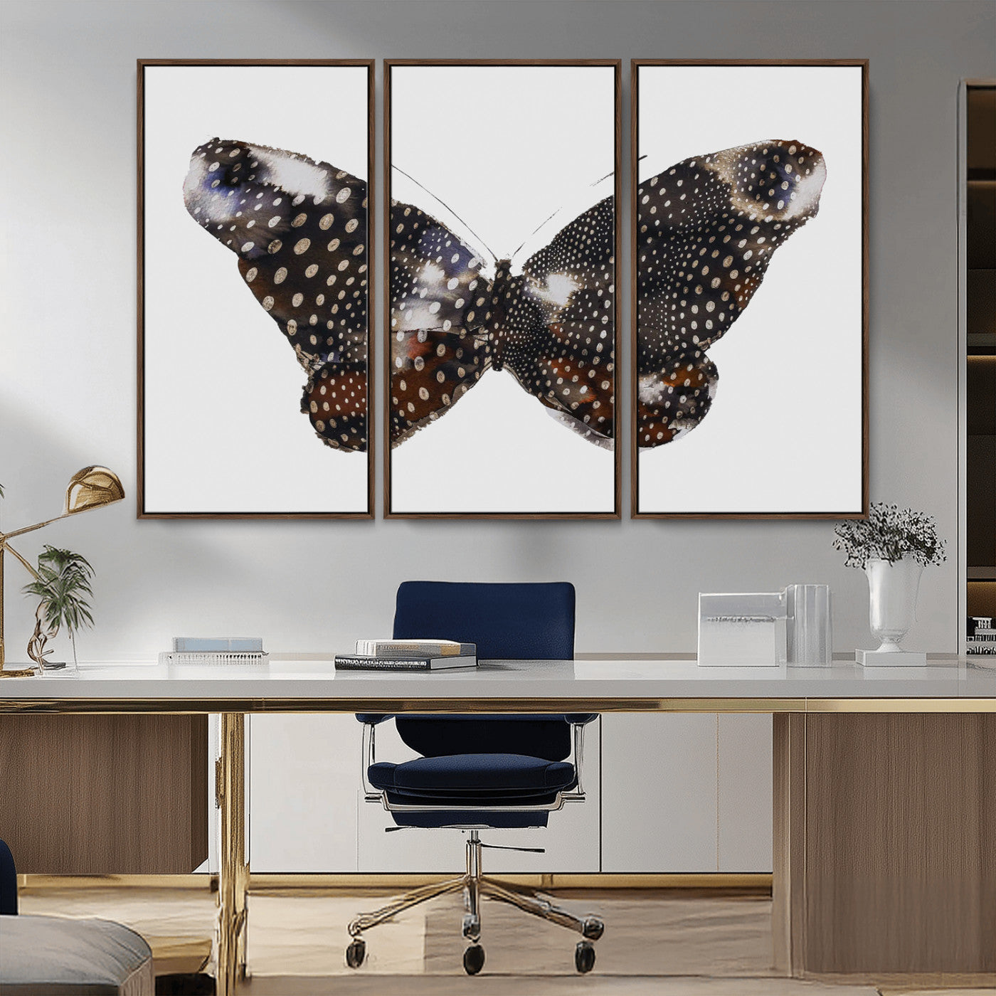MGV-FC-48X32-3P - Spotted Butterfly Wall Art Canvas Print, Framed Neutral Insect Theme Art Picture Print, Earthy Wing Pattern Perfect Modern Rustic Decor Artwork