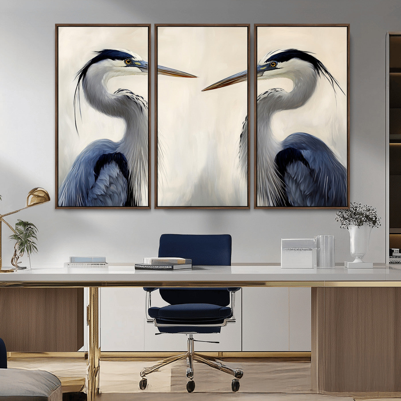 MGV-FC-48X32-3P - Blue Heron Pair Wall Art Canvas Print, Framed Coastal Bird Theme Art Picture Print, Tranquil Wildlife Scene Perfect Coastal Minimalist Decor Artwork