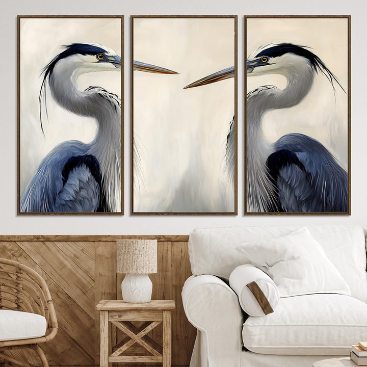 Blue Heron Pair Wall Art Canvas Print, Coastal Bird Theme Print, Framed Tranquil Wildlife Scene Art Print, Large Nature Inspired Decor Printing