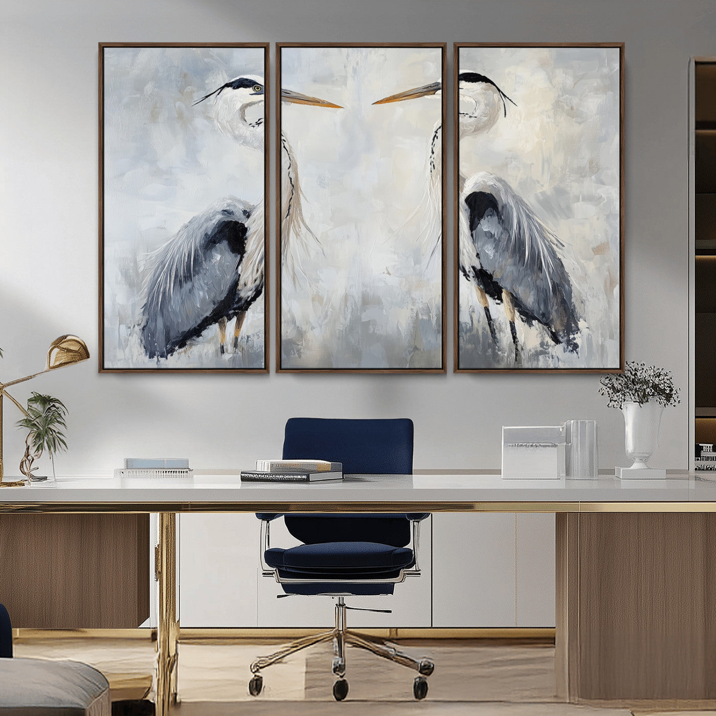 MGV-FC-48X32-3P - Heron Wall Art Wall Art Canvas Print, Framed Bird Canvas Decor Art Picture Print, Nature Inspired Perfect Coastal Minimalist Decor Artwork