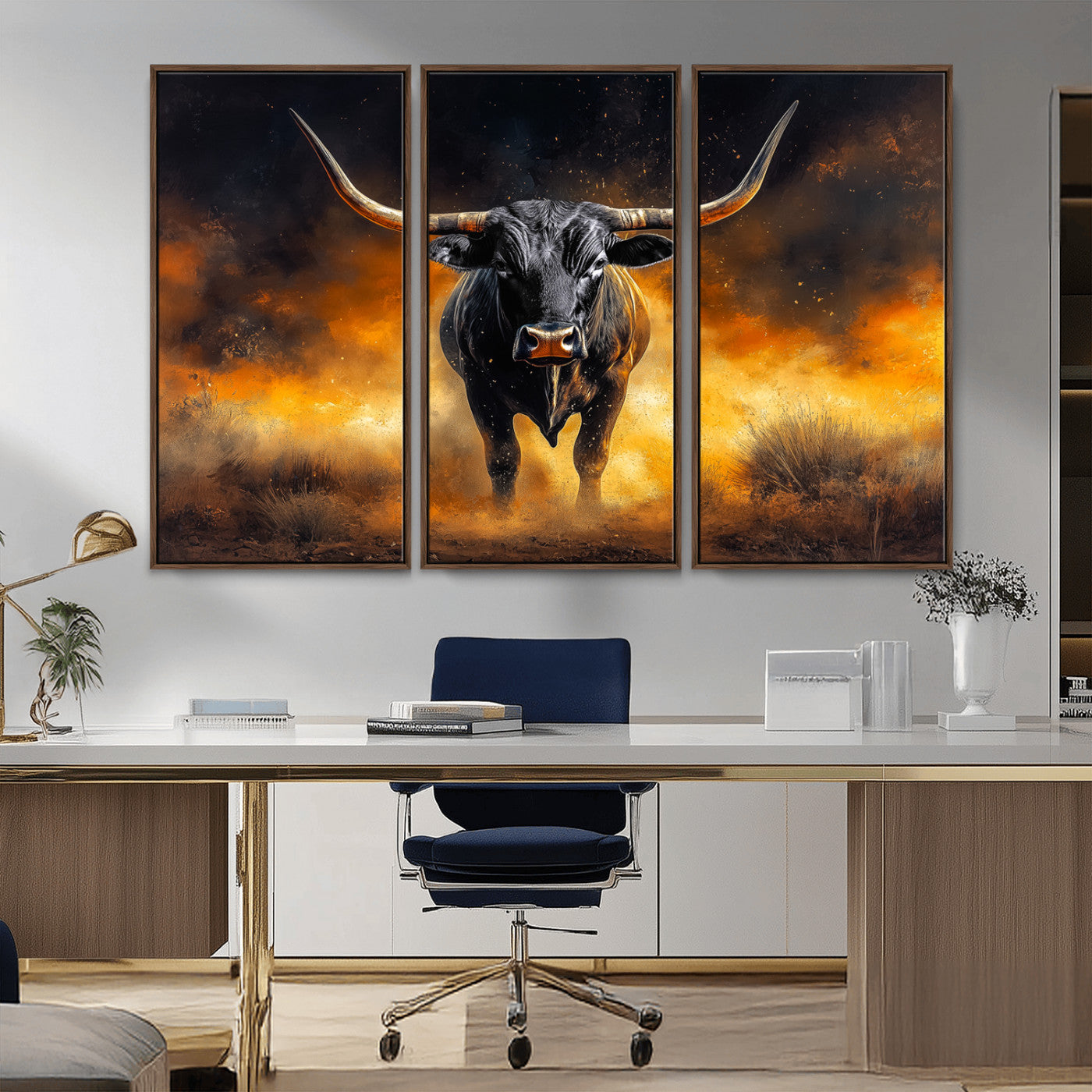 MGV-FC-48X32-3P - Longhorn Canvas Wall Art Canvas Print, Framed Bold Bull Wall Art Art Picture Print, Western Animal Decor Perfect Western Dramatic Decor Artwork