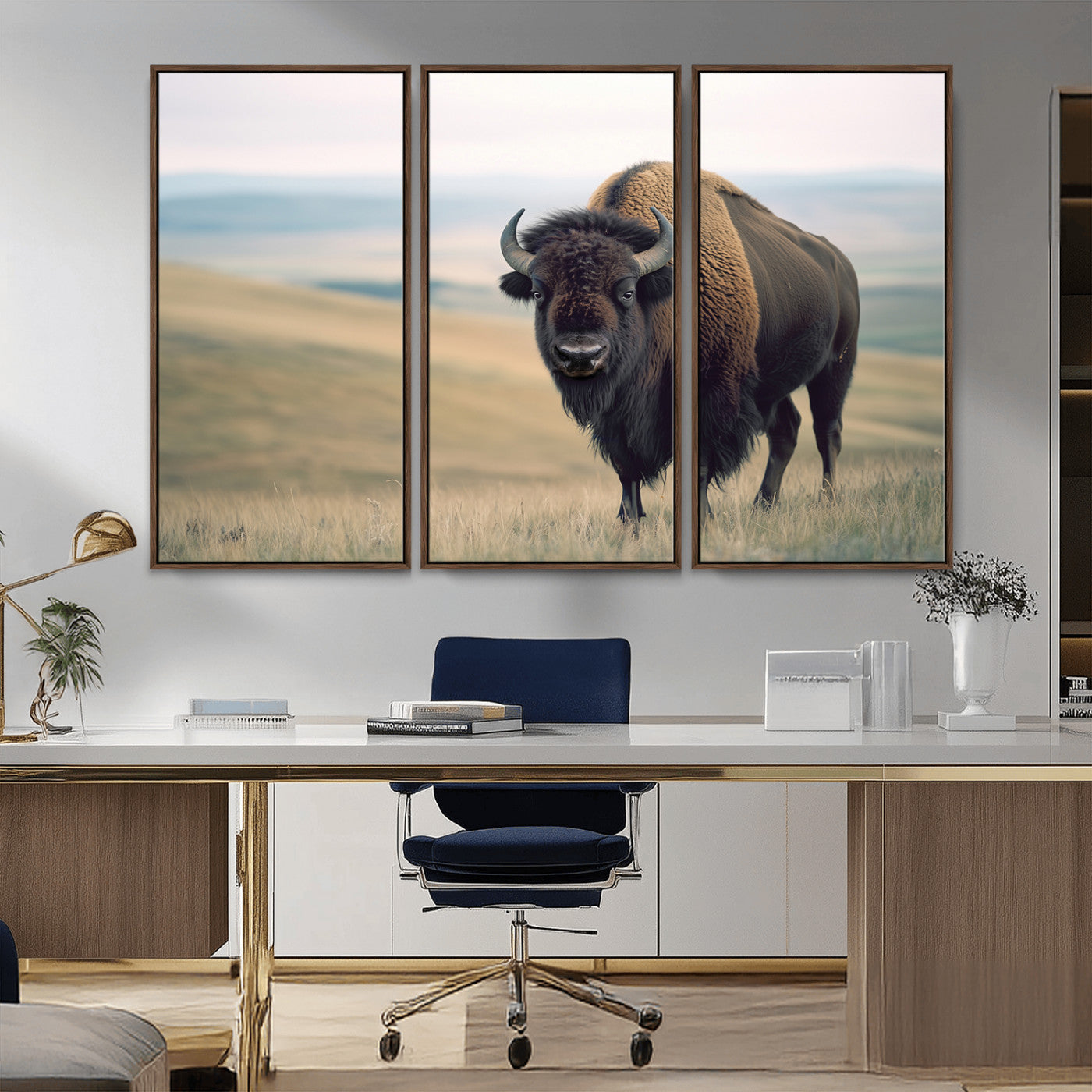 MGV-FC-48X32-3P - Bison Wall Art Wall Art Canvas Print, Framed Buffalo Canvas Print Art Picture Print, American Bison Decor Perfect Rustic Western Decor Artwork