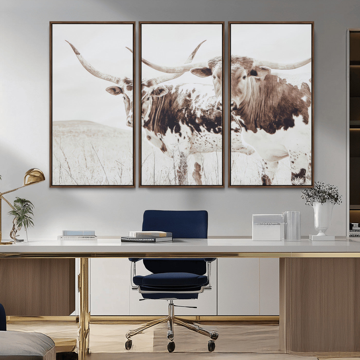 MGV-FC-48X32-3P - Longhorn Wall Art Wall Art Canvas Print, Framed Western Cow Canvas Art Picture Print, Rustic Farm Decor Perfect Rustic Farmhouse Decor Artwork