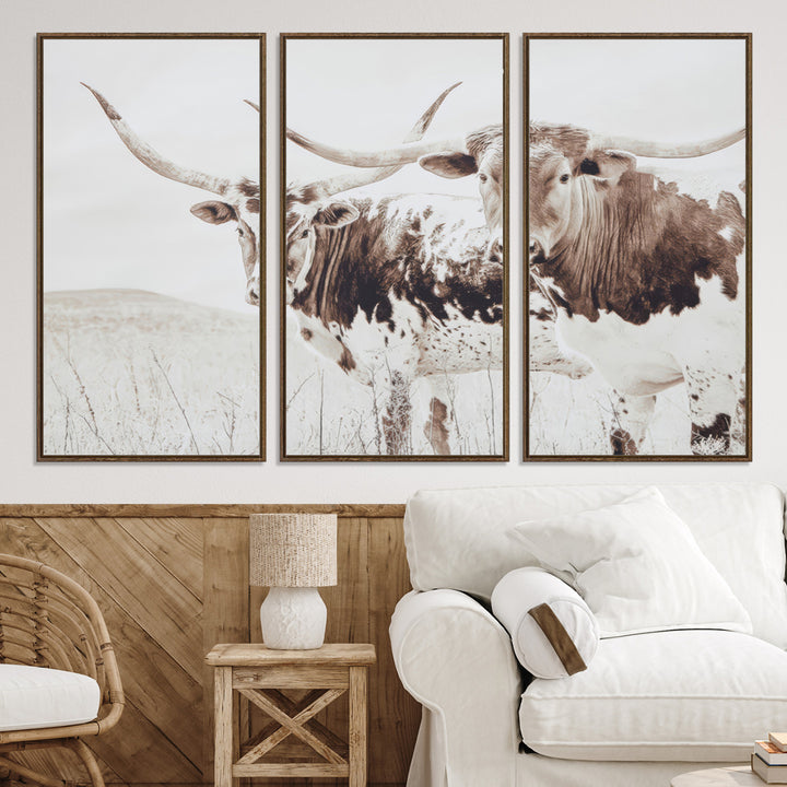 Longhorn Wall Art Wall Art Canvas Print, Western Cow Canvas Print, Framed Rustic Farm Decor Art Print, Large Neutral Animal Scene Printing