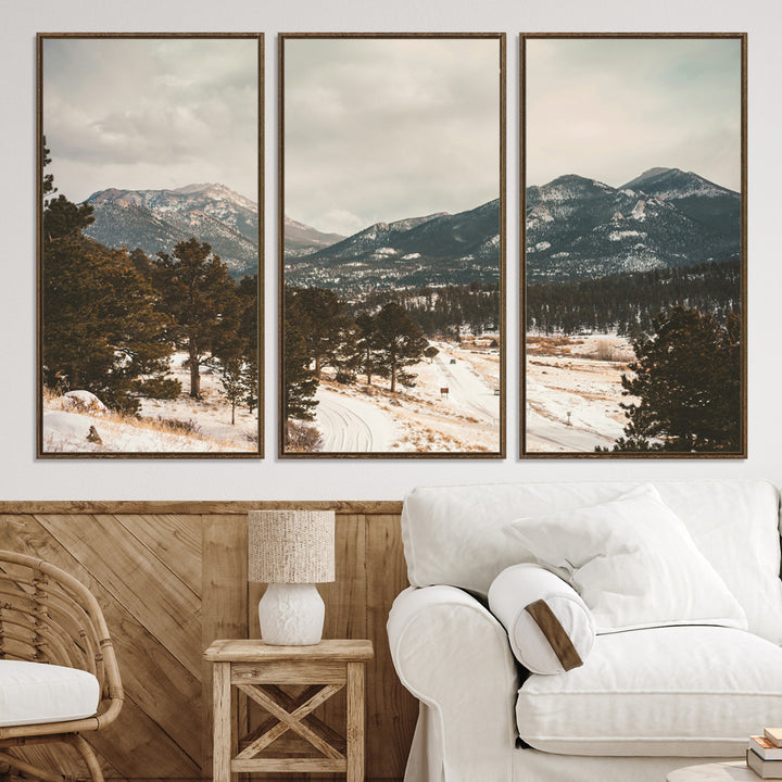 Mountain Landscape Wall Art Canvas Print, Framed Snowy Peaks Art Picture Print, Alpine Aesthetic Perfect Rustic Winter Decor Artwork