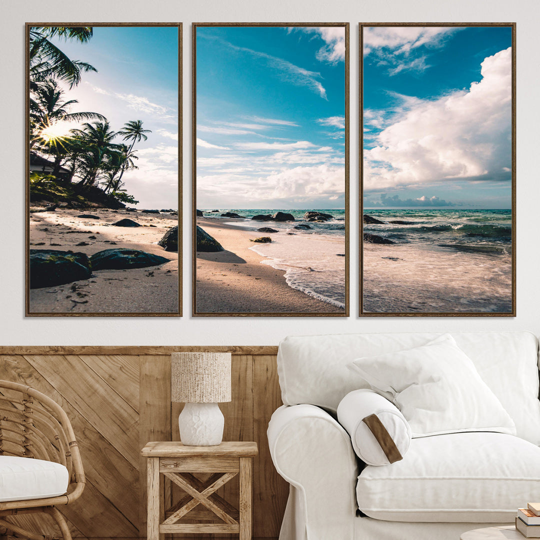 Tropical Beach Wall Art Canvas Print, Framed Ocean Waves Art Picture Print, Relaxing Seascape Perfect Tropical Coastal Decor Artwork