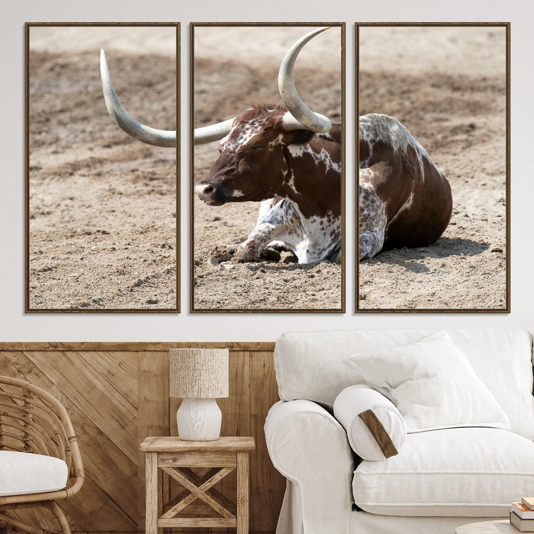 Texas Longhorn Wall Art Canvas Print, Framed Country Living Art Picture Print, Farmhouse Perfect Western Decor Artwork