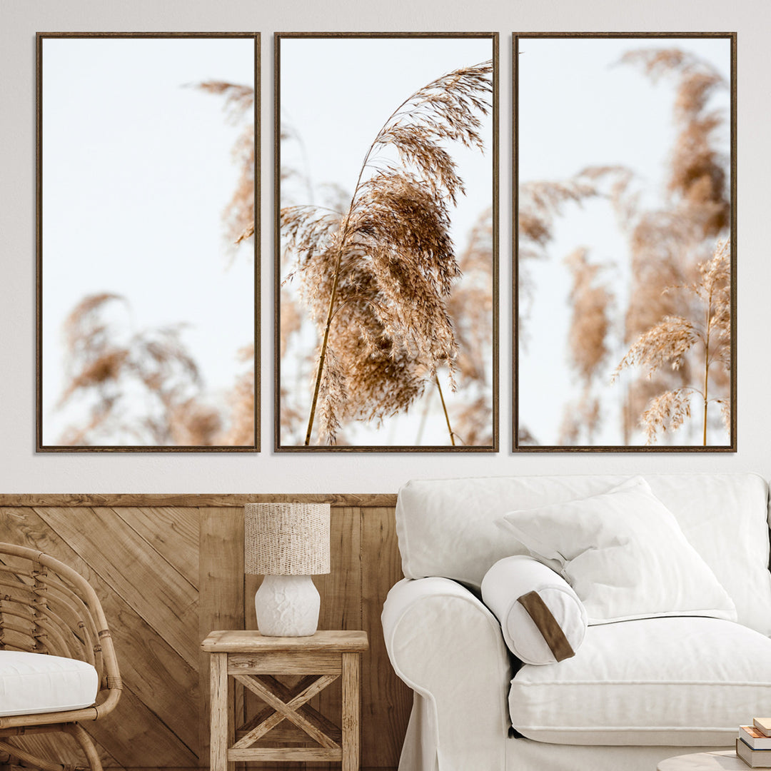 Pampas Grass Wall Art Canvas Print, Framed Neutral Tones Art Picture Print, Minimalist Nature Perfect Boho Decor Artwork
