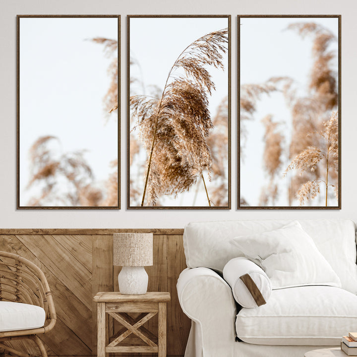 Pampas Grass Wall Art Canvas Print, Framed Neutral Tones Art Picture Print, Minimalist Nature Perfect Boho Decor Artwork