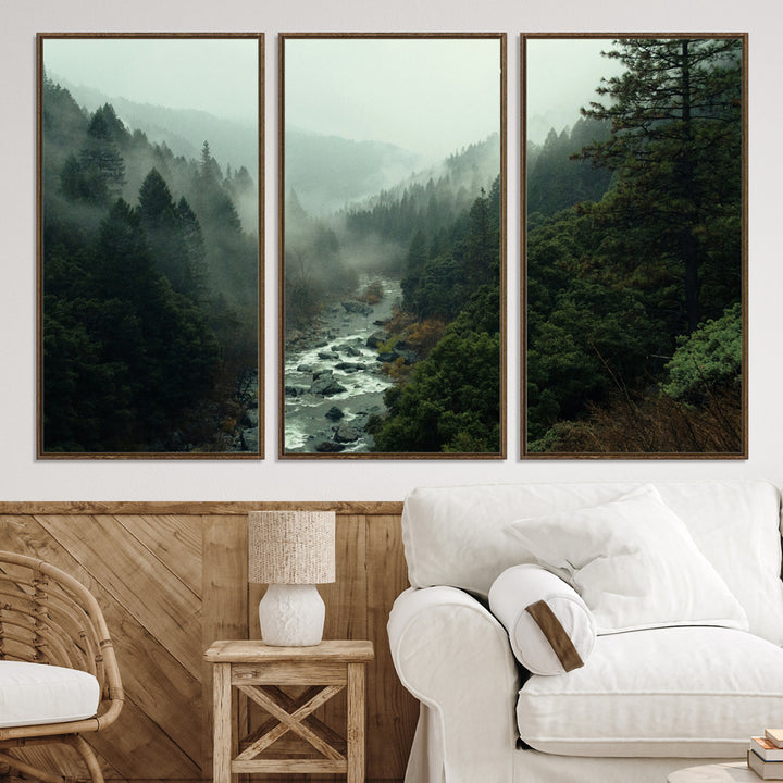 Misty Forest Wall Art Canvas Print, Framed Foggy River Art Picture Print, Moody Landscape Perfect Wilderness Decor Artwork