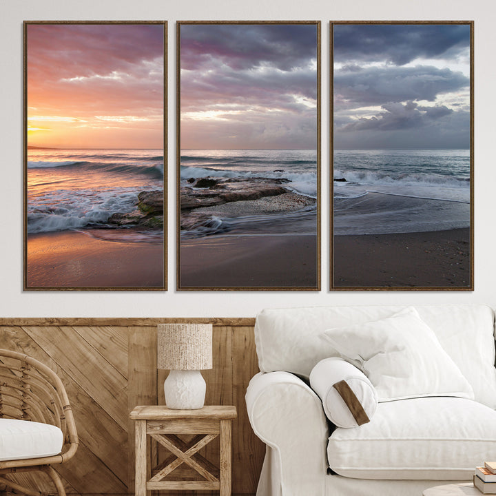 Golden Hour Wall Art Canvas Print, Framed Tranquil Waves Art Picture Print, Beach Perfect Coastal Serenity Decor Artwork