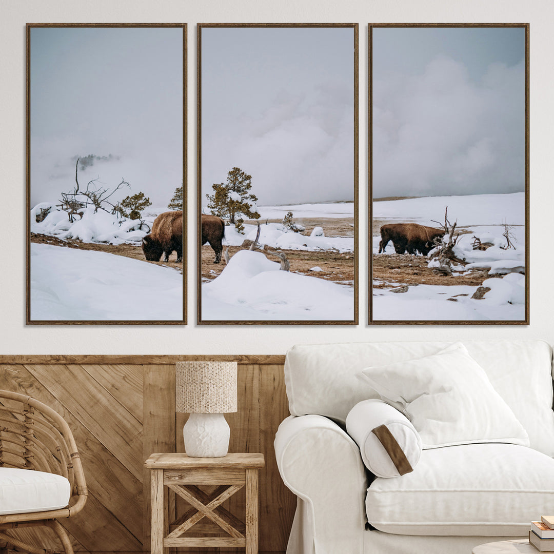Bison Wildlife Wall Art Canvas Print, Framed Snowy Prairie Art Picture Print, Western Perfect Rustic Decor Artwork