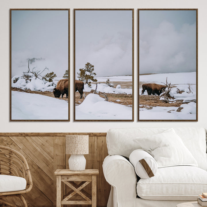 Bison Wildlife Wall Art Canvas Print, Framed Snowy Prairie Art Picture Print, Western Perfect Rustic Decor Artwork