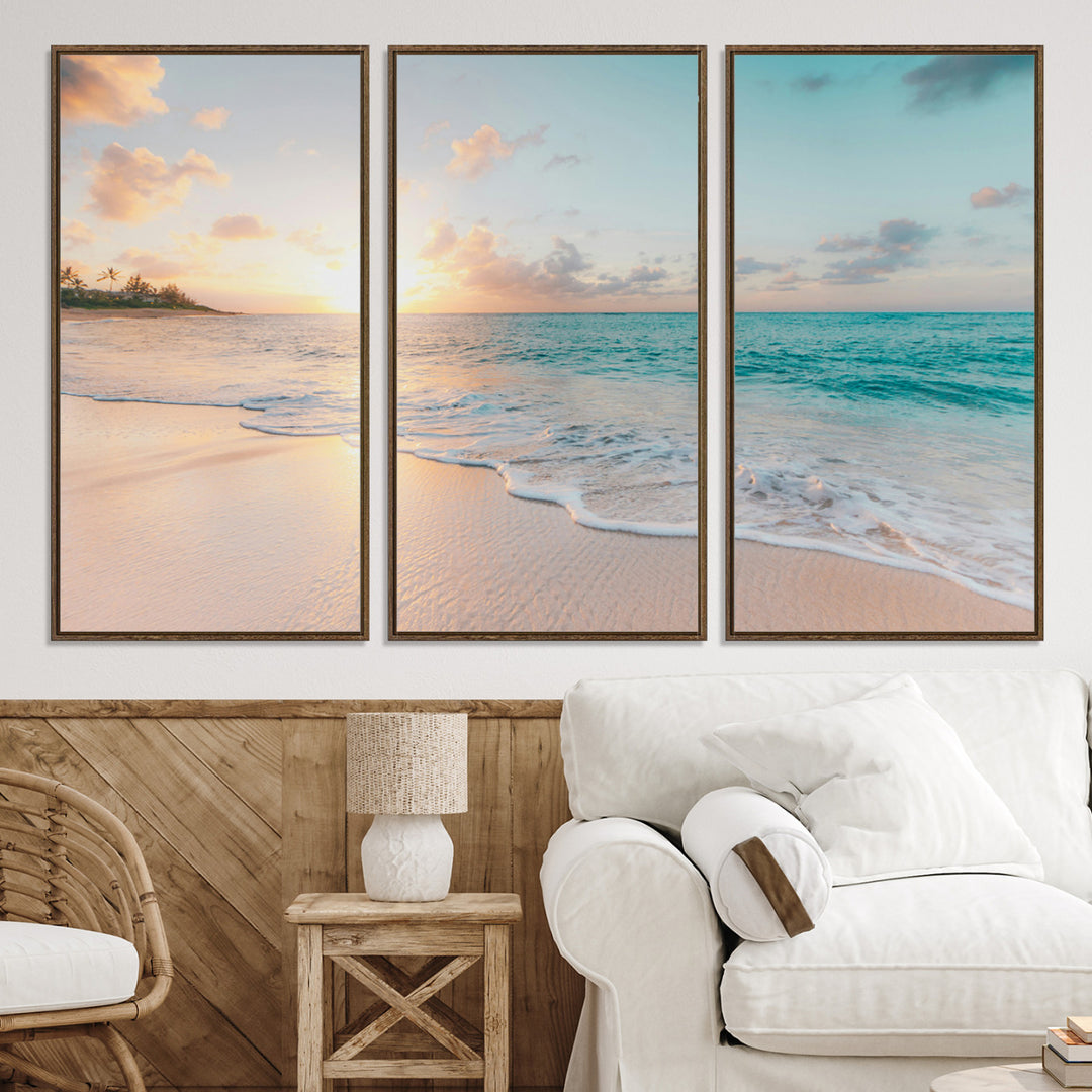 Beach Sunset Wall Art Canvas Print, Framed Ocean Waves Art Picture Print, Summer Escape Perfect Coastal Decor Artwork