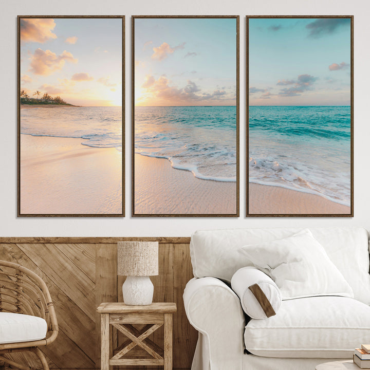 Beach Sunset Wall Art Canvas Print, Framed Ocean Waves Art Picture Print, Summer Escape Perfect Coastal Decor Artwork
