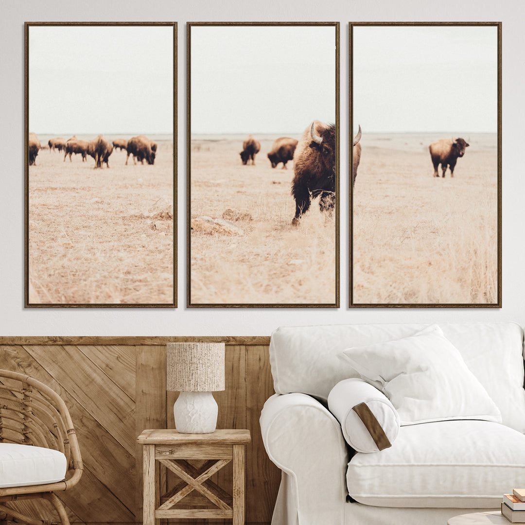 Bison Herd Wall Art Canvas Print, Framed Western Art Picture Print, Prairie Serenity Perfect Ranch Decor Artwork
