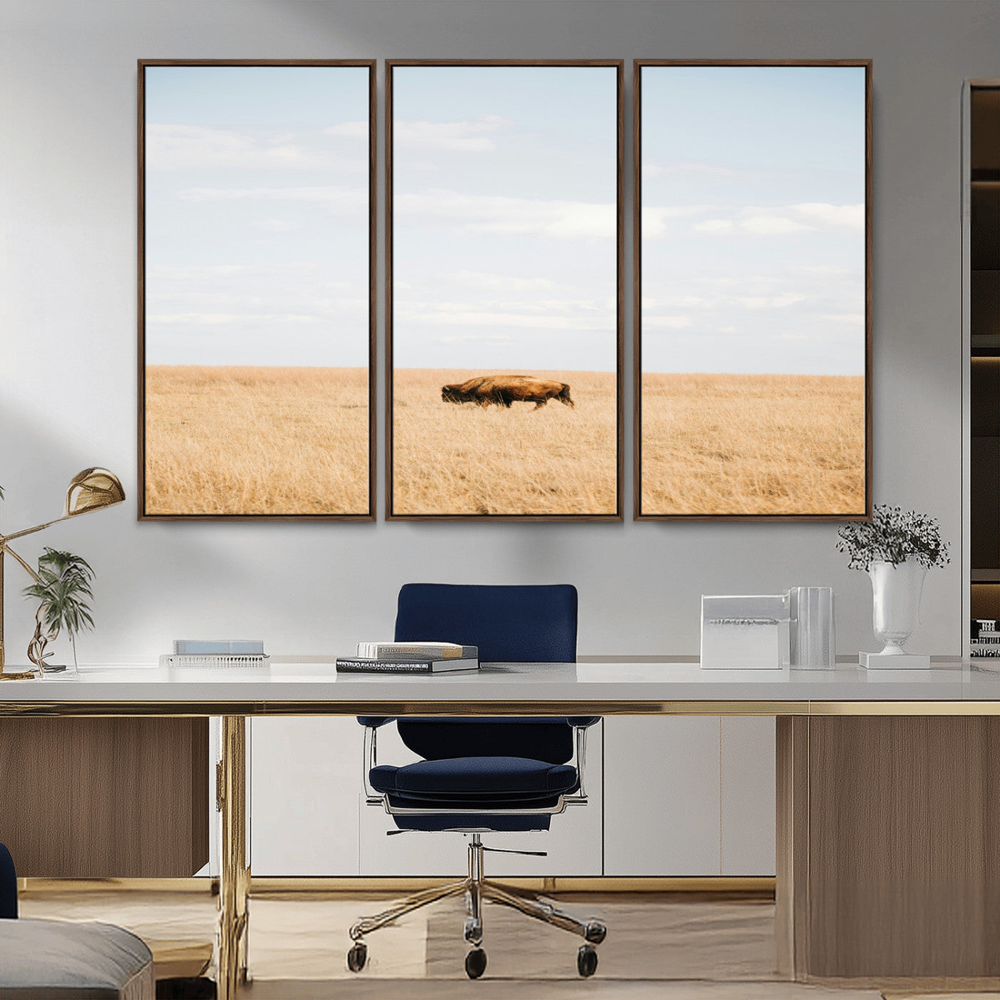 MGV-FC-48X32-3P - Minimalist Nature Wall Art Canvas Print, Framed Bison In Grassland Art Picture Print, Open Field Perfect Modern Ranch Decor Decor Artwork