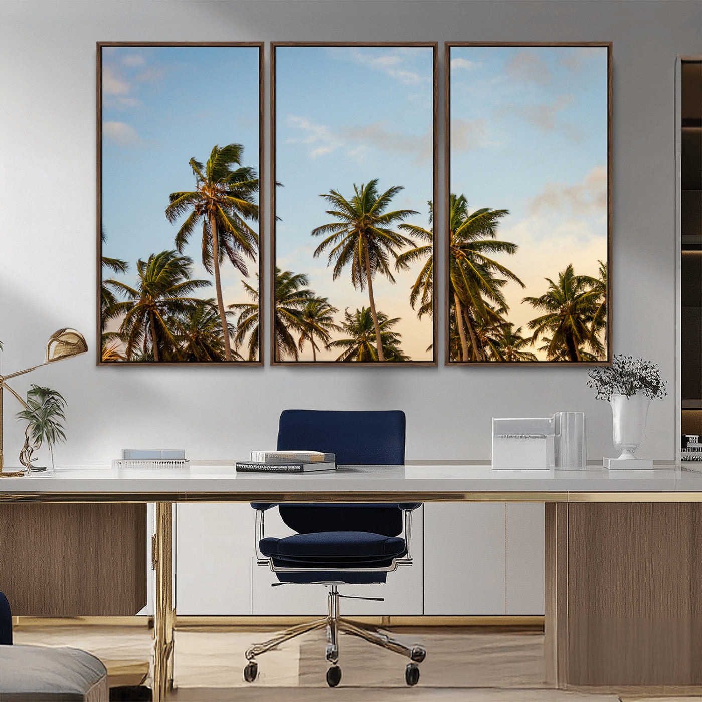 MGV-FC-48X32-3P - Palm Trees Wall Art Canvas Print, Framed Tropical Vibes Art Picture Print, Coastal Sunset Perfect Coastal Boho Decor Artwork