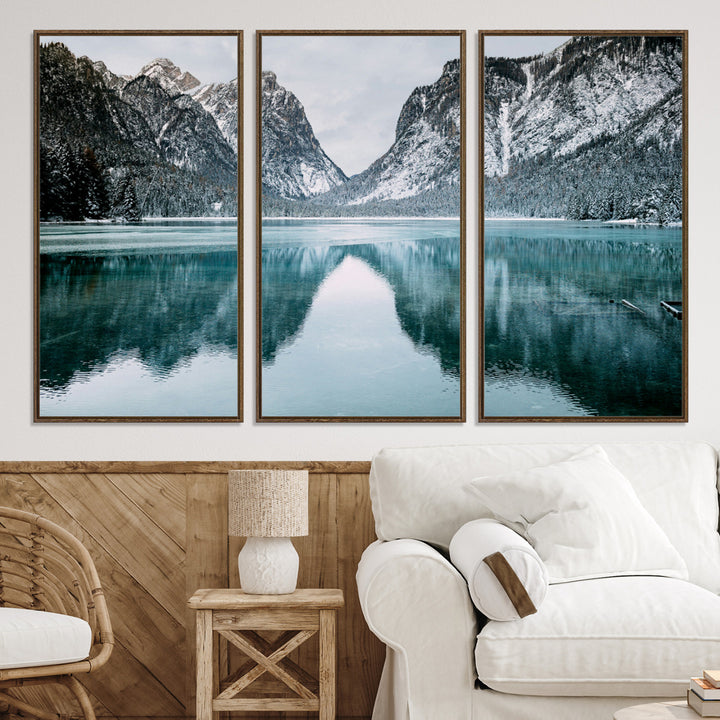 Mountain Lake Wall Art Canvas Print, Framed Wonderland Art Picture Print, Snowy Peaks Perfect Nature Decor Artwork