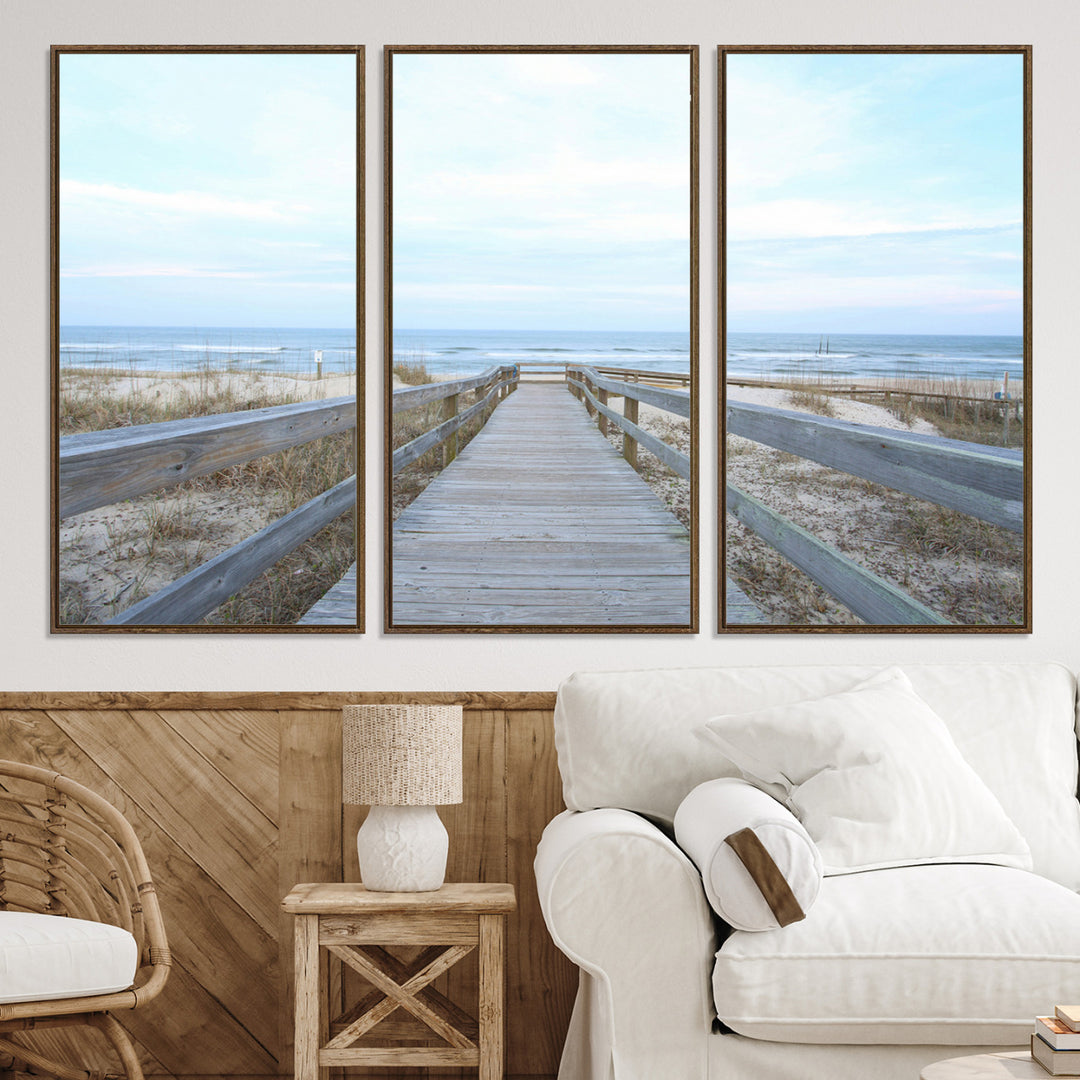 Beach Boardwalk Wall Art Canvas Print, Framed Coastal Serenity Art Picture Print, Ocean View Perfect Coastal Decor Artwork