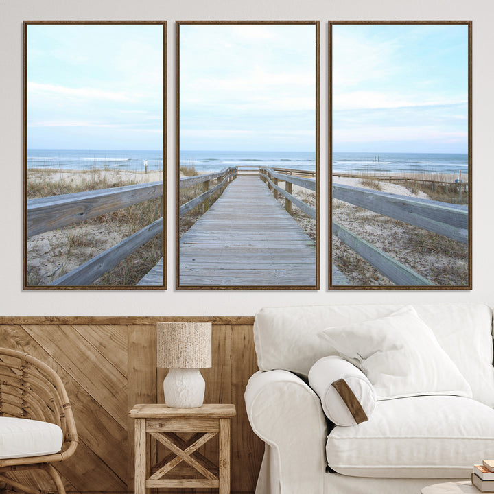 Beach Boardwalk Wall Art Canvas Print, Framed Coastal Serenity Art Picture Print, Ocean View Perfect Coastal Decor Artwork