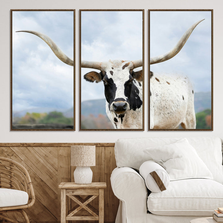 Texas Longhorn Wall Art Canvas Print, Framed Western Rustic Art Picture Print, Farmhouse Decor Perfect Farmhouse Decor Artwork