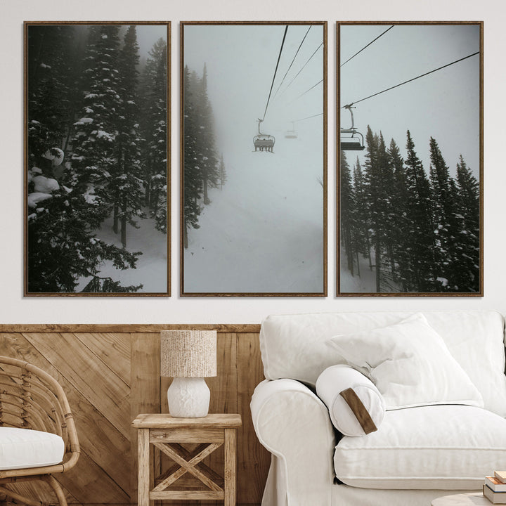 Ski Lift Wall Art Canvas Print, Framed Snowy Pines Art Picture Print, Misty Landscape Perfect Winter Serenity Decor Artwork