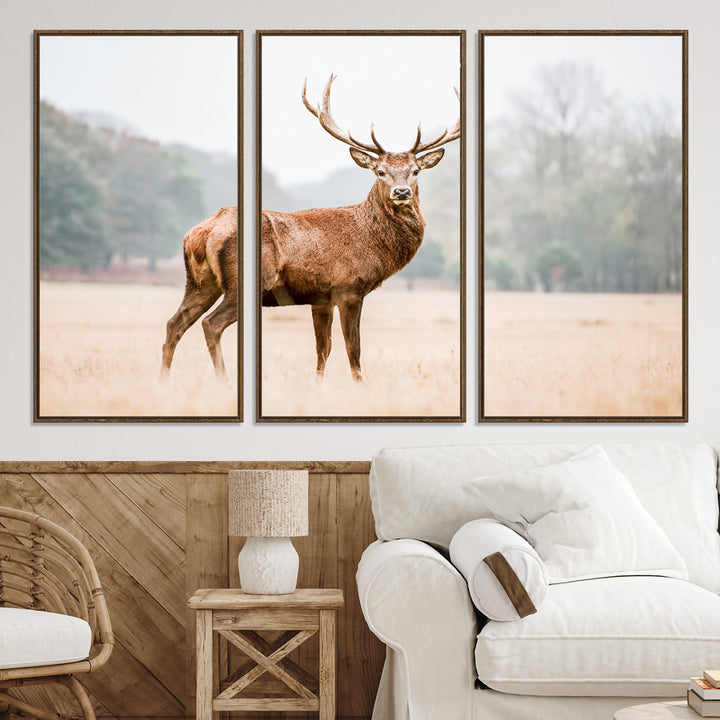 Vintage Wildlife Canvas Print, Framed Misty Landscape Art Picture Print, Deer Wall Art Perfect Rustic Wildlife Decor Artwork