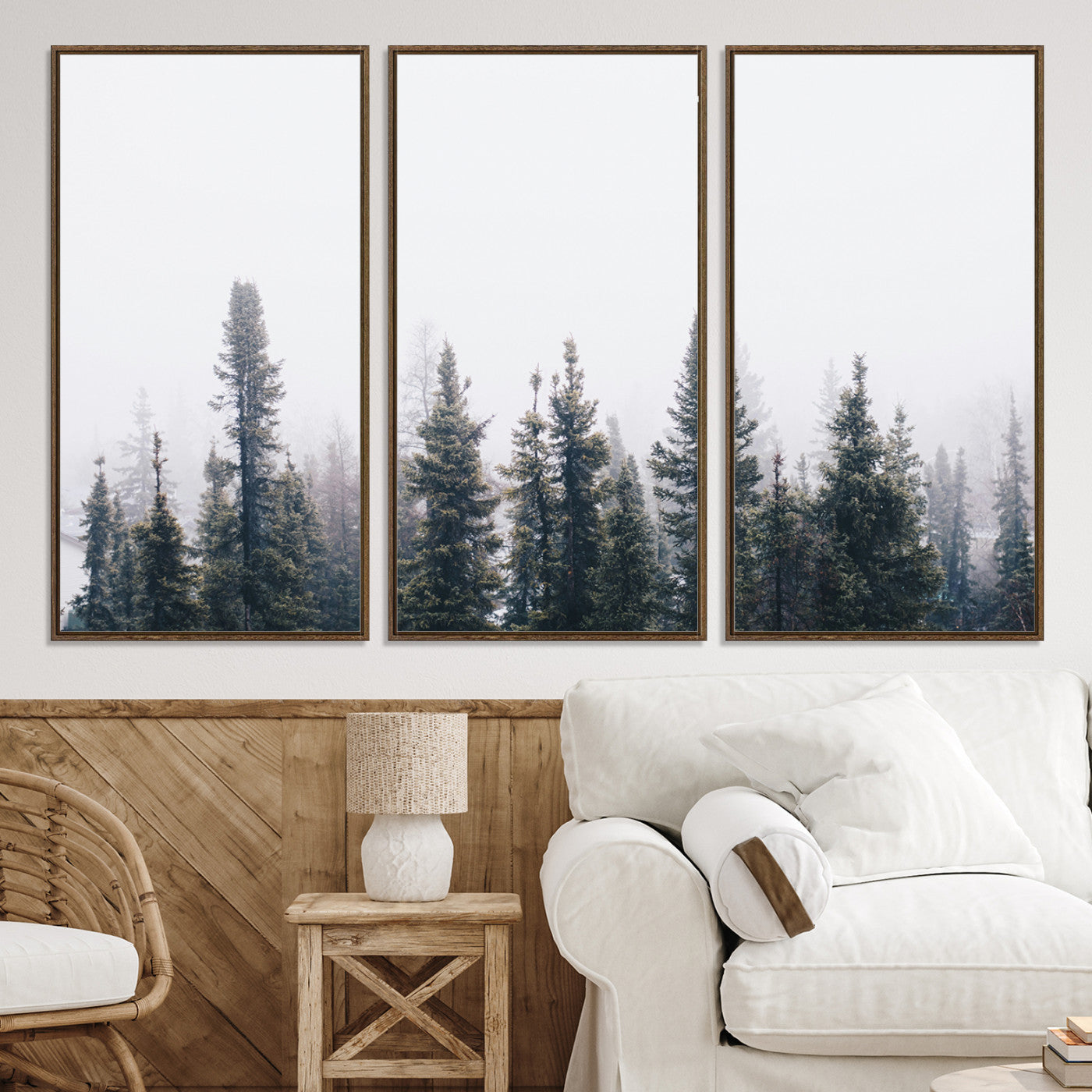 42364796-MGV-CV-36X24-Foggy Forest Wall Art Canvas Print, Framed Misty Pines Art Picture Print, Moody Woodland Perfect Scandinavian Minimalist Decor Artwork