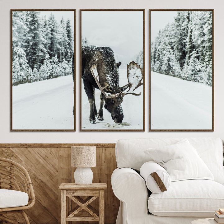 Moose in Snow Wall Art Canvas Print, Framed Winter Wildlife Art Picture Print, Snowy Forest Scene Perfect Rustic Lodge Decor Artwork