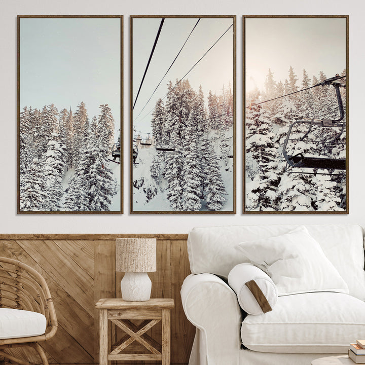 91534512-MGV-CV-36X24-Frosty Pines Wall Art Canvas Print, Framed Cozy Cabin View Art Picture Print, Ski Lift Ride Perfect Rustic Lodge Decor Artwork