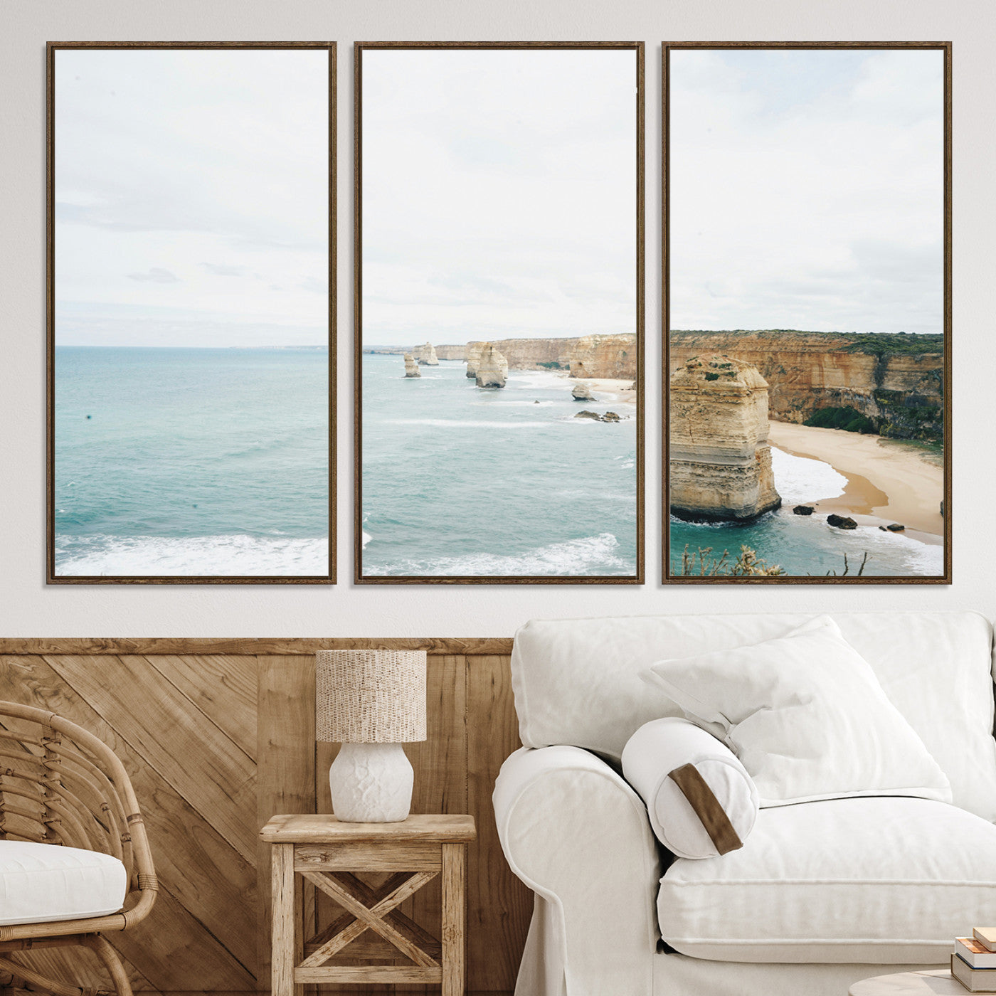 70095633-MGV-CV-36X24-Twelve Apostles Wall Art Canvas Print, Framed Coastal Cliffs Art Picture Print, Rugged Rock Formations Perfect Minimalist Coastal Decor