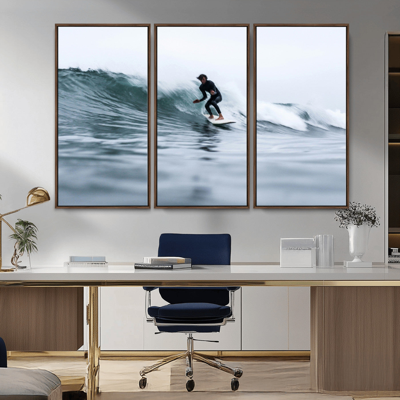 MGV-FC-48X32-3P - Surfer on Wave Wall Art Canvas Print, Framed Ocean Adventure Art Picture Print, Motion Blur Water Perfect Coastal Adventure Decor Artwork