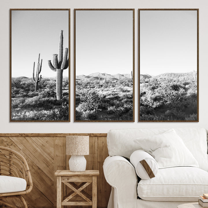 Saguaro Cactus Wall Art Canvas Print, Monochrome Landscape Print, Framed Scenic Arizona Art Print, Large Timeless Western Aesthetic Printing