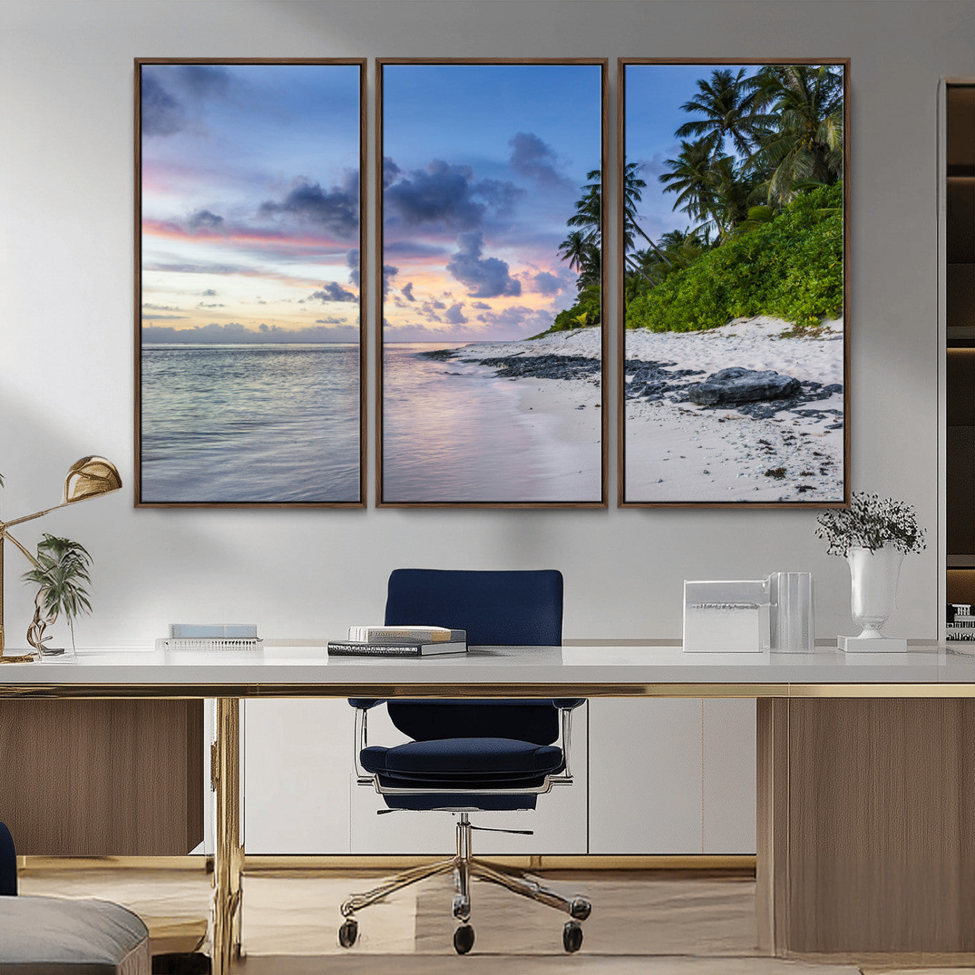 MGV-FC-48X32-3P - Tropical Beach Wall Art Canvas Print, Framed Sunset Glow Art Picture Print, Palm Tree Coast Perfect Tropical Coastal Decor Artwork