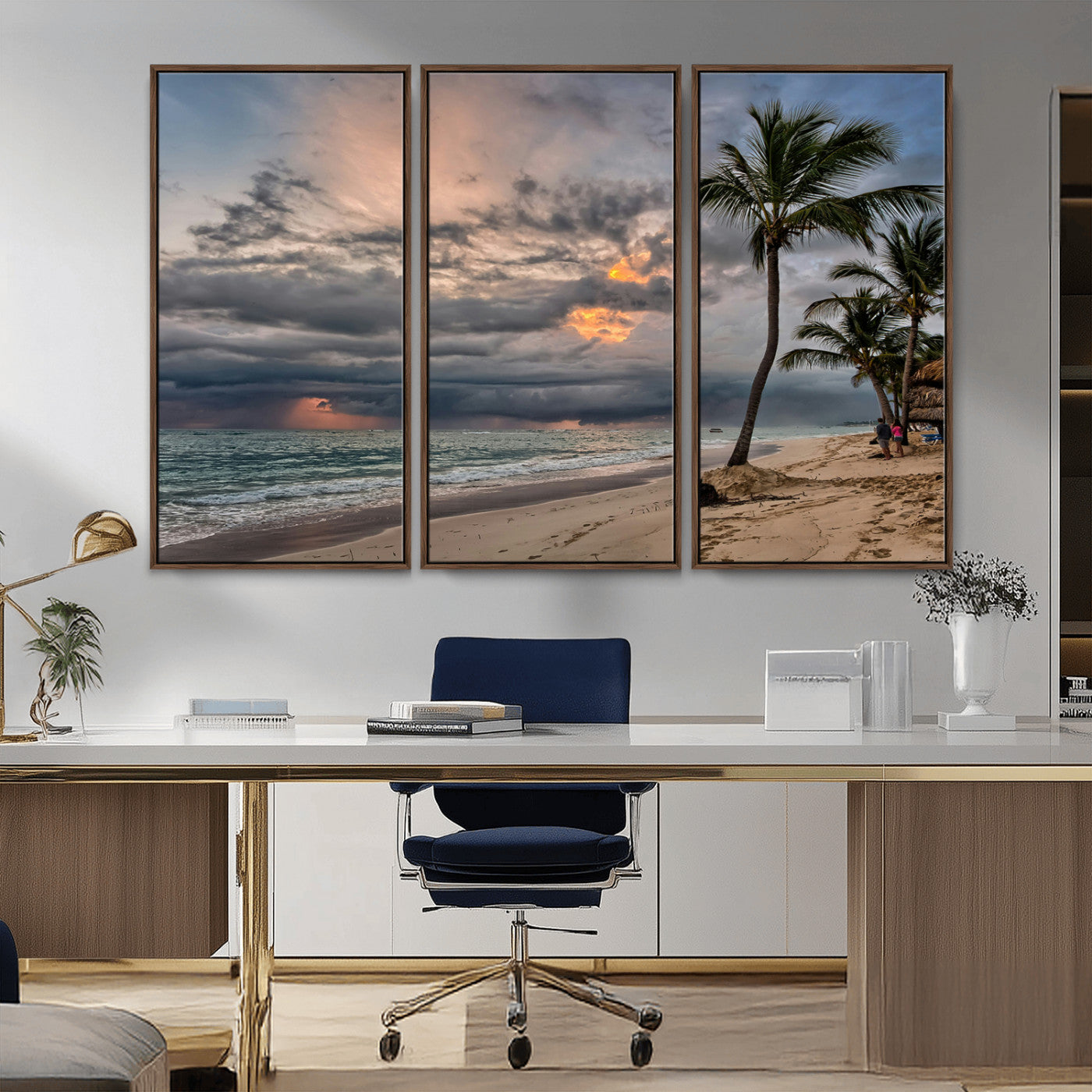 MGV-FC-48X32-3P - Tropical Storm Wall Art Canvas Print, Framed Moody Beach Art Picture Print, Dramatic Sky Perfect Tropical Coastal Decor Artwork