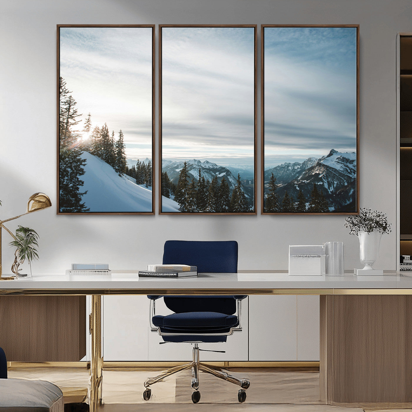 MGV-FC-48X32-3P - Snowy Mountains Wall Art Canvas Print, Framed Alpine Landscape Art Picture Print, Frosty Peaks Perfect Nordic Minimalist Decor Artwork