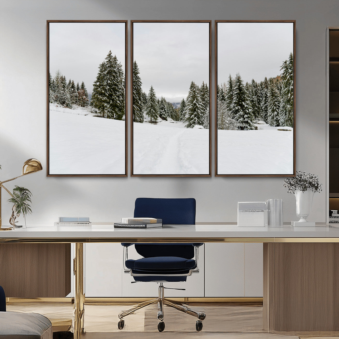 MGV-FC-48X32-3P - Frosty Pines Wall Art Canvas Print, Framed Silent Snowfall Art Picture Print, Cozy Cabin Vibes Perfect Nordic Minimalist Decor Artwork