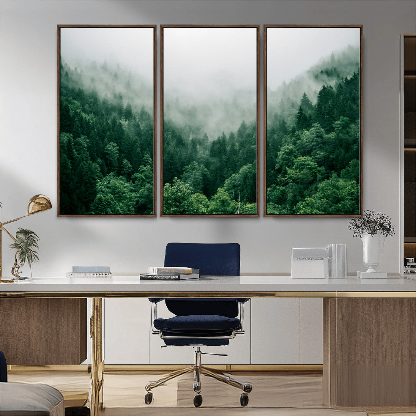 MGV-FC-48X32-3P - Misty Green Forest Canvas Print – Serene Foggy Pine Landscape Wall Art, Tranquil Nature Decor for