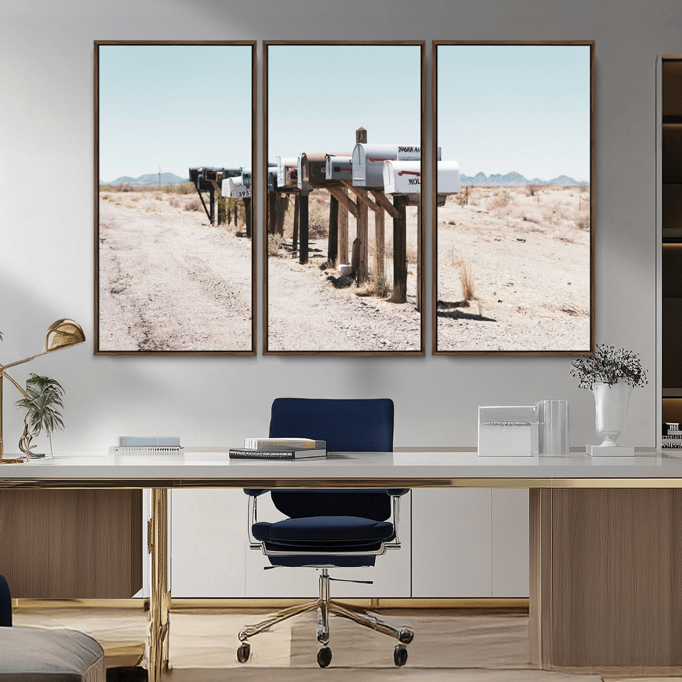 MGV-FC-48X32-3P - Desert Mailboxes Canvas Print – Minimal Western Landscape Photography, Rustic Americana Wall Art for