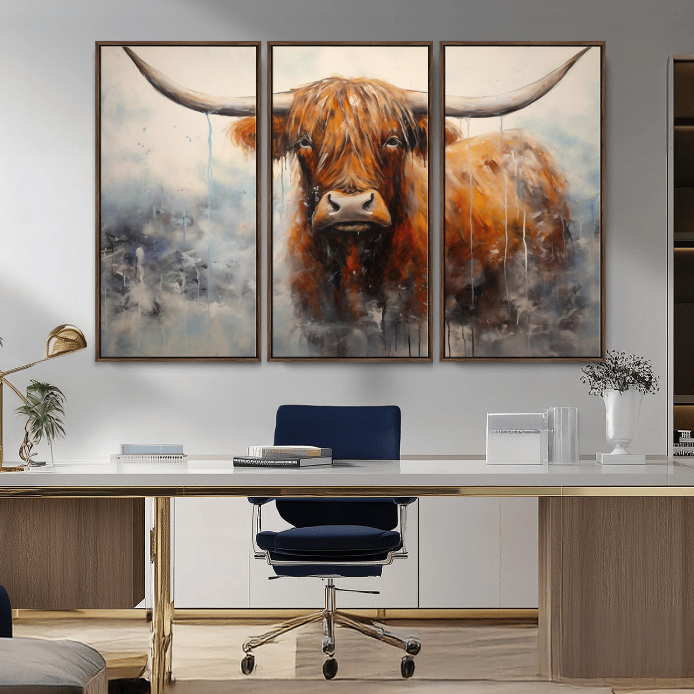 MGV-FC-48X32-3P - Scottish Highland Wall Art Canvas Print, Framed Longhorn Art Picture Print, Western Cow Perfect Farmhouse Decor Artwork